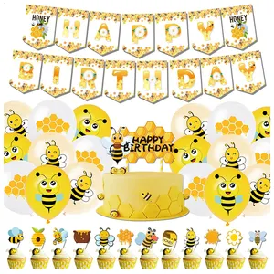 Cute cartoon yellow Bee Happy Birthday banner Cupcake Top balloon Birthday party supplies decorate kids