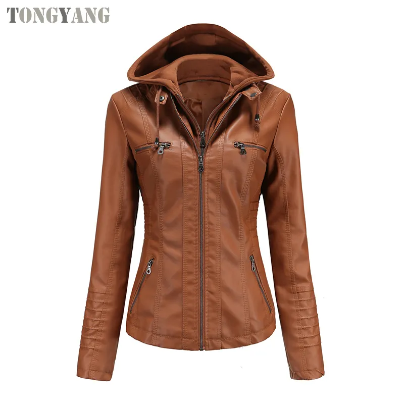 TONGYANG Faux Leather Jacket Women Motorcycle Plus Size Ladies Hooded Leather Jacket Casual Streetwear