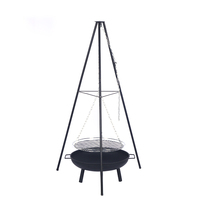 Brasero portable en acier avec support trépied et grille suspendue à chaîne pour la cuisson en extérieur