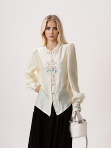 <span class=keywords><strong>Camisa</strong></span> bordada Vintage para <span class=keywords><strong>mujer</strong></span> 2025, <span class=keywords><strong>cuello</strong></span> levantado de manga larga con nuevo estilo, Top informal de diseño de estilo <span class=keywords><strong>chino</strong></span> para otoño - Product Image 2