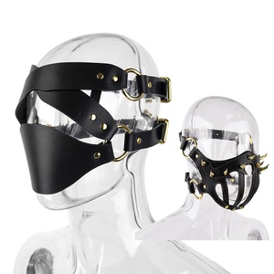 FUNSM Leather <b>Black</b> Mask Adult Cosplay Punk Spiked Leather Mask Fashion Headgear Dance Party Face Hiding BDSM Club Accessory 18+ - Product Image 1