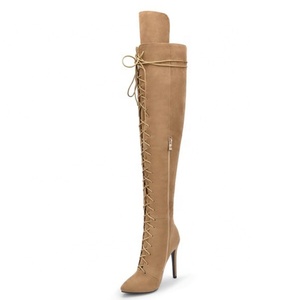Boyutu 47 yeni gelenler sivri burun kadın botları yüksek topuklu stiletto uzun çizmeler bayanlar <span class=keywords><strong>lace</strong></span> up süet uyluk yüksek çizmeler