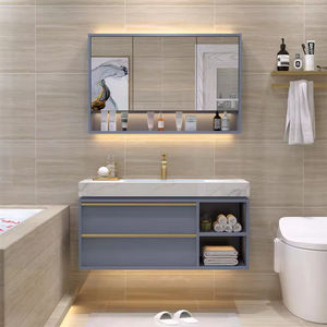 Smart <b>LED</b> Lighted Modern <b>Bathroom</b> Vanity Unit Double Drawers Ceramic Countertop Plywood Construction Lacquer Finish for Hotel - Product Image 1