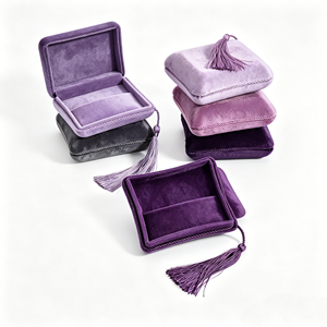 Square Velvet Ring <b>Boxes</b> With Handmade Tassel Closure Wholesale Soft Plush Velvet Interior For Wedding Band - Product Image 4