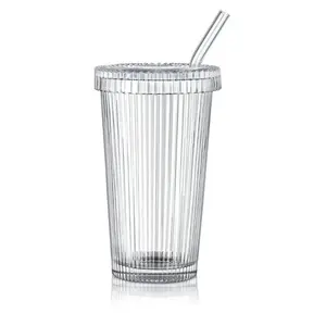 Ribbed Glass Tea Cups Coffee Tumblers Travel Mug With Glass Lid And Straw
