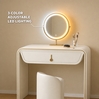 Table de toilette moderne minimaliste en bois massif avec miroir sur pied, bureau de maquillage de luxe en cuir crème, tiroirs de rangement, meuble de chambre