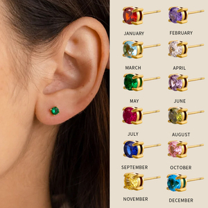 ต่างหูเพชรพลอยเพทายประจำเดือนเกิด |   เครื่องประดับสแตนเลสสตีลชุบทอง 18K PVD ประดับเพชร CZ รูปทรงกลมตามเดือนเกิด |   ป้องกันการแพ้, กันน้ำ - Product Image 1