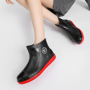 Men <b>Waterproof</b> Rain <b>Boots</b> Low Top Ankle Slip On Black Red Solid Color Glossy Outdoor <b>Work</b> Shoes - Product Image 3