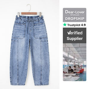 Dear-Lover Wholesale Myosotis Large Patch Pocket Drawstring <strong>Paperbag</strong> Waist Barrel <strong>Jeans</strong> <strong>Women</strong> - Product Image 2