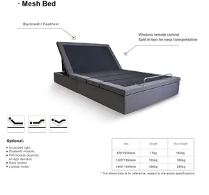 Meisemobel Okin cama ajustável com malha elétrica ajustável encosto de cama apoio para os pés luz Underbed no módulo App/Wifi depende