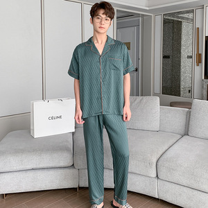 2022 été Nighty Designs hommes pyjamas glace soie à manches courtes tailleur-pantalon couleur unie Jacquard Pj ensemble revers grande taille vêtements de nuit - Product Image 1