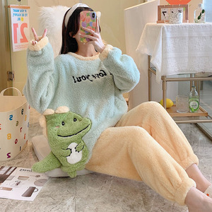 Hiver 2 Pièces Flanelle Cartoon Sleepwear Femme Coral Fleece Manches Longues Confortable Pyjama Epais Chaud - Product Image 3