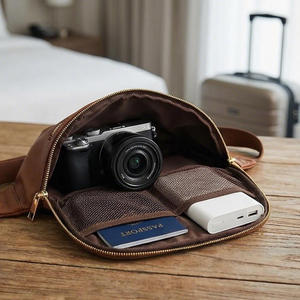 공장 맞춤형 유니섹스 사진작가용 브라운 비건 가죽 카메라 패니 팩 숄더 힙 팩 조절 가능한 슬링 카메라 웨이스트 백 - Product Image 1