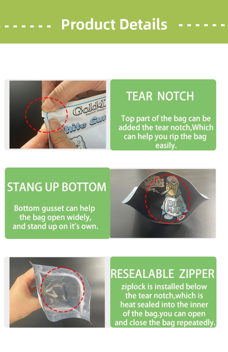 Custom printed heat seal 3.5 7g 1oz plastic ziplock smell proof stand up pouch packaging mylar bags
