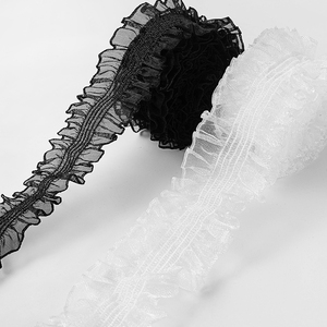 Cinta de encaje floral elástica de organza transparente con doble fruncido de 3 cm para prendas de vestir, vestidos, bricolaje y ropa de muñecas - Product Image 1