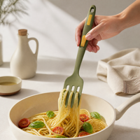 Fourchette de cuisine en silicone sans BPA, grande taille, manche long ergonomique, antiadhésive, résistante à la chaleur, pour servir les spaghettis, les salades et la viande, idéale pour les chefs