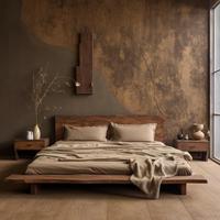 AJJ-M85 Muebles de Estilo Wabi-Sabi para Casa de Huéspedes, Muebles de Diseño de Madera Sólida para Resort, Cama Doble de Madera