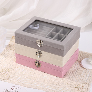 Caja de joyería de terciopelo con 9 compartimentos para guardar anillos, pendientes, collares, rosa, gris, blanco, 20x15x5cm - Product Image 2