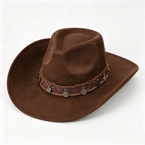Chapeau de cowboy bohème avec pièces de monnaie et bande tribale, chapeau en feutre de protection solaire style western pour hommes et femmes - Product Image 6