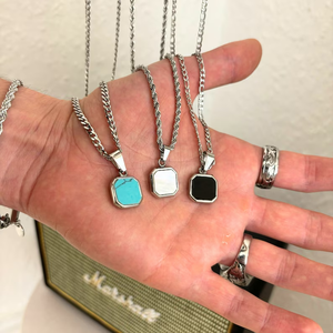 Collana con Ciondolo Quadrato in Pietra per Uomo, Onice, Pietra <span class=keywords><strong>di</strong></span> Luna, Turchese, Gioiello Personalizzato su Misura - Product Image 1