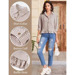 FOXA Blusa a rayas con botones para mujer, manga 3/4, dobladillo con volantes, top informal de algodón, camisa de verano con hombros caídos - Product Image 6