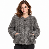 Veste en fourrure OEM grise sans col, à bouton unique, poches plaquées, en fourrure bouclée à poils longs, avec revers larges, coupe ample, pour style urbain automne-hiver