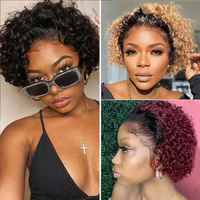Perruques Courtes Bouclées 13x1 Lace pour Coupe Pixie Bob, 100% Cheveux Humains Remy, Densité 180%, Petite Taille de Bonnet, Brésiliennes
