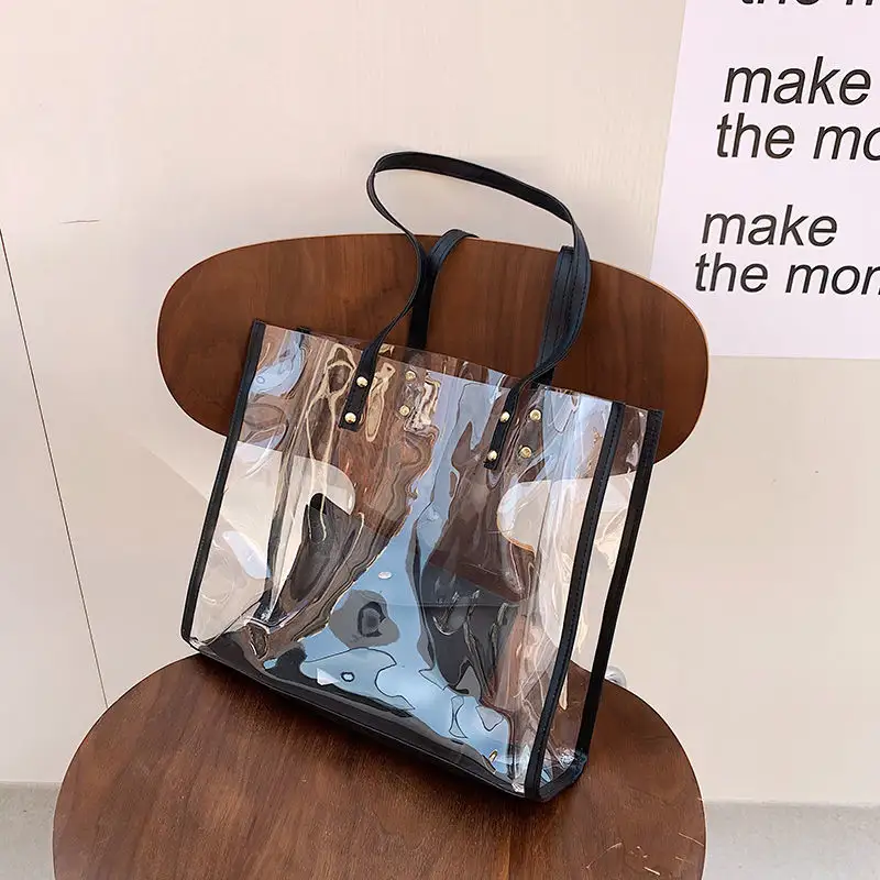 Wholesale Transparent Handbags for Ladies Fashion Large Capacity Totebags with Makeup Storage Pouch Luxury Clear Shopping Bags