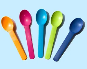 Colorful long handle mini plastic spoon and fork for dessert custom printed disposable PP PS plastic ice cream spoons