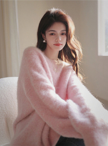 Lait doux rose <span class=keywords><strong>pull</strong></span> <span class=keywords><strong>de</strong></span> noël femmes automne et hiver Style ample et languissant Style Hong Kong Vintage <span class=keywords><strong>Chic</strong></span> tricot épais - Product Image 3
