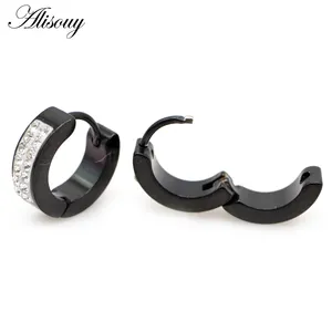 Brincos de argola redondos de cristal com zircônia para mulheres e homens, joia Huggie com punho de orelha em aço inoxidável, 2 peças, Alisouy