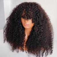 Perruque Afro Bouclée Frisée Noire Naturelle Faite à la Machine Avec Frange, Cheveux Humains Brésiliens Sans Colle Pour Femmes
