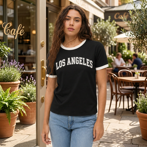 T-shirt noir à col rond pour femme, imprimé Los Angeles, manches courtes, jersey décontracté, polyester/coton, léger, appliques pour jeunes - Product Image 3