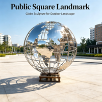 Sculpture de globe en acier inoxydable poli miroir, sphère métallique creuse en forme de carte du monde, statue pour décoration artistique de parc ou de monument