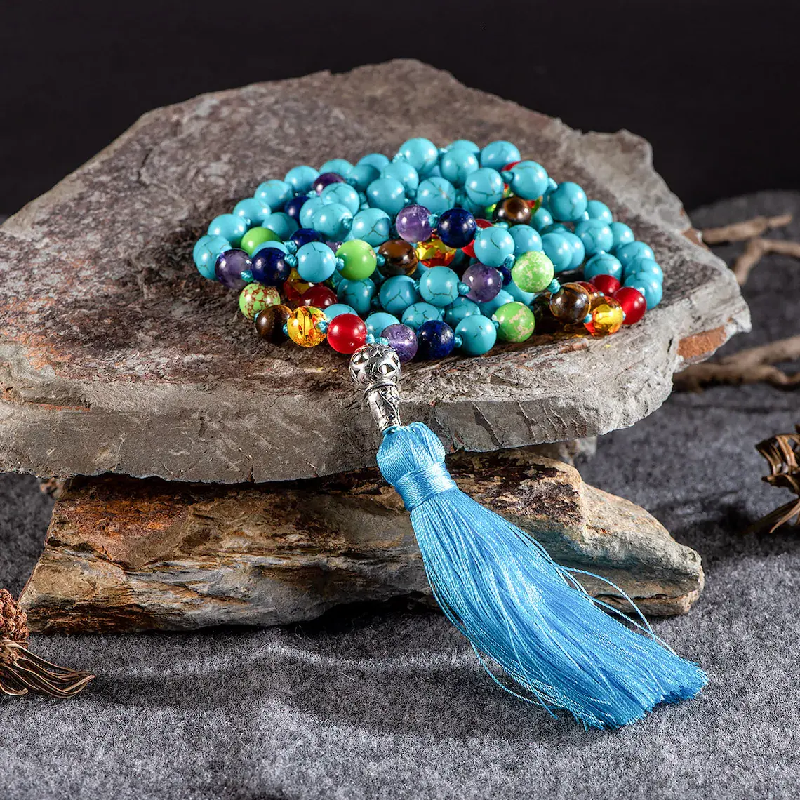 Yiwu CC 108 Mala Perlen Runde Edelstein Perle Halskette Yoga Baum des Lebens Charme Schmuck Naturstein Sieben Chakren Gebets schmuck