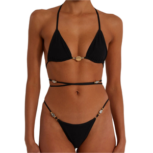 Conjunto de Bikini Negro de Alta Calidad, Corte Alto, Sólido, con Cuello Halter, Espalda Descubierta, Cordones Ajustables, Anillas Metálicas, Traje de Baño OEM - Product Image 1