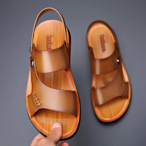 Sandales plates pour hommes en cuir véritable, à bout ouvert, antidérapantes, avec fermeture à boucle, style décontracté pour la marche en plein air, été. - Product Image 2