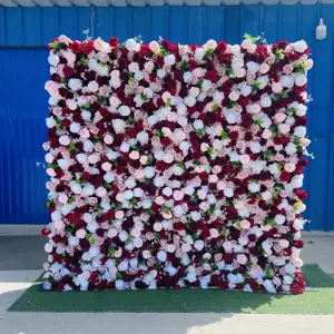 Fondo de pared de flores 3D enrollable al por mayor, panel de pared de flores 5d de seda artificial de 8 pies x 8 pies para decoración de boda