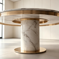 Table à manger de luxe en marbre blanc 8 places, design moderne, base sur piétement à bord doré, durable, imperméable, portable pour appartement et hôtel