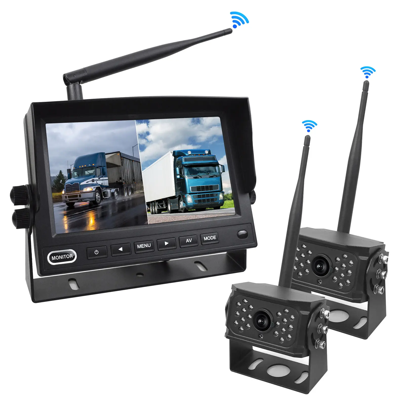 מערכת מצלמות רכב אבטחה אלחוטית 2CH מפוצלת 7 אינץ' צג מסך IPS לרכב ראיית לילה מצלמת גיבוי לאחור למשאית