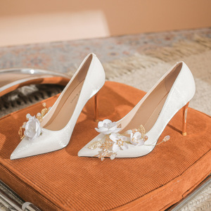 Satin Pointed Toe Stiletto <b>Heel</b> Wedding Shoes With Flower Decoration Bridal Pumps Super High 8cm Up <b>White</b> Female - Product Image 1