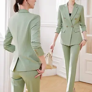 חליפת פסים ספוט שני חלקים מכנסיים אופנתיים, ז'קט חליפת עסקים, בגדי עבודה רשמיים למשרד עם שרוולים ארוכים לנשים