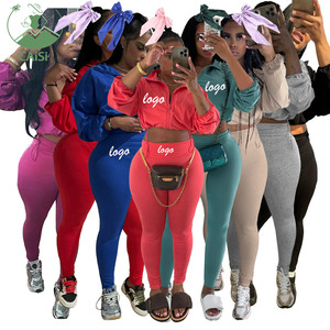 Completo Autunnale da <span class=keywords><strong>Donna</strong></span> 2 Pezzi 2024 Tinta Unita, Giacca Corta con Cerniera, Coulisse e Maniche Lunghe + Leggings Aderenti, Outfit Femminile Casual e Sportivo - Product Image 1