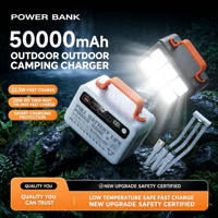 Batterie externe portable 22,5 W 50000 mAh avec lampe de camping intégrée et câbles intégrés, logo personnalisable, idéale pour les événements en extérieur