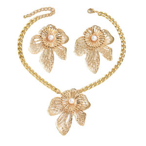 2025 New Wholesale High Quality Gold Toned Alloy Women's Vintage Floral Statement <b>Necklace</b> <b>Earrings</b> <b>Set</b> <b>Pearl</b> Accent Gift - Product Image 1