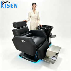 Station de lavage de cheveux KISEN, lavabo en céramique noire brillante intégré, fauteuil inclinable électrique, accoudoirs entièrement rembourrés, revêtement PU imperméable. - Product Image 6