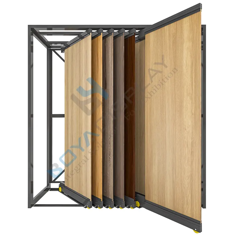 Porte en bois coulissante personnalisée en usine plancher en bois support métallique coulissant en bois porte dalle fenêtre échantillon présentoir