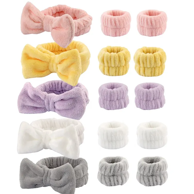 Kan Custom Logo Flanellen Huidverzorging Spa Polsband Make-Up Gezicht Pols Washband Gezicht Handdoek Wassen Boog Hoofdband Scrunchie Set Voor Vrouwen