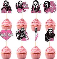 Décorations de gâteaux d'Halloween : Pics à cupcakes fantômes roses d'horreur, toppers de gâteaux d'Halloween sur le thème des tueurs pour décorations de gâteaux de fête d'Halloween