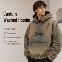 Sweat à capuche surdimensionné personnalisé OEM, en tissu épais délavé, avec bords effilochés, effet usé, déchiré, boutons-pression et poches cargo, style gothique